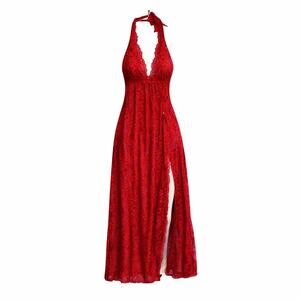 Fruit De La Passion Red Lace Halter Nightgown Plunge V Neck Slit M Sexy